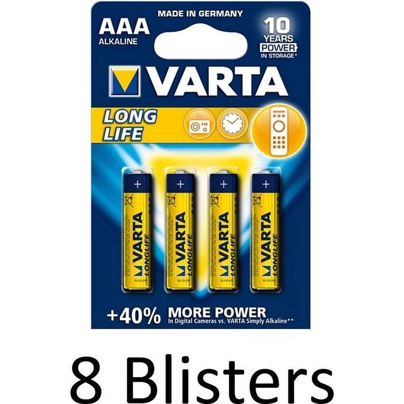 Foto van 32 stuks (8 blisters a 4 st) varta longlife aaa alkaline batterij