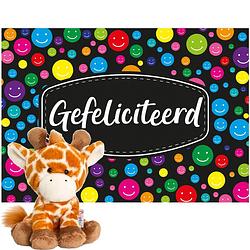 Foto van Keel toys pluche giraffe knuffel 14 cm met gefeliciteerd a5 wenskaart - knuffeldier