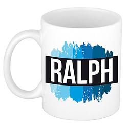 Foto van Naam cadeau mok / beker ralph met blauwe verfstrepen 300 ml - naam mokken