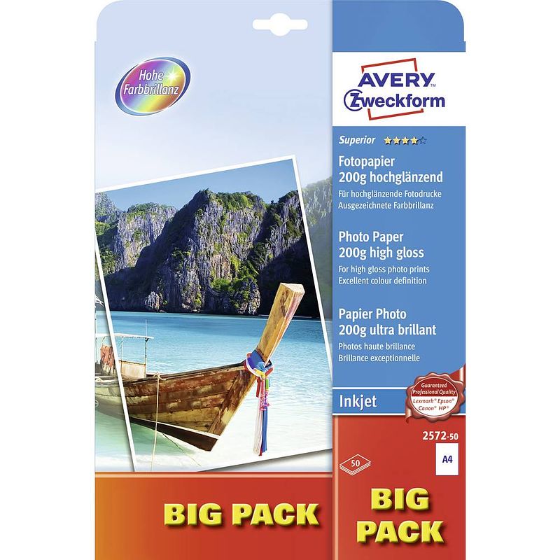 Foto van Avery-zweckform superior photo paper inkjet big pack 2572-50 fotopapier din a4 200 g/m² 50 vellen hoogglans