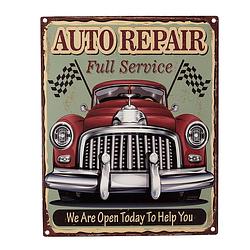 Foto van Clayre & eef tekstbord 20x25 cm groen rood ijzer auto auto repair we are open today to help you wandbord spreuk