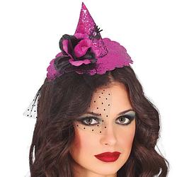 Foto van Halloween heksenhoed - mini hoedje op diadeem - one size - roze - meisjes/dames - verkleedhoofddeksels