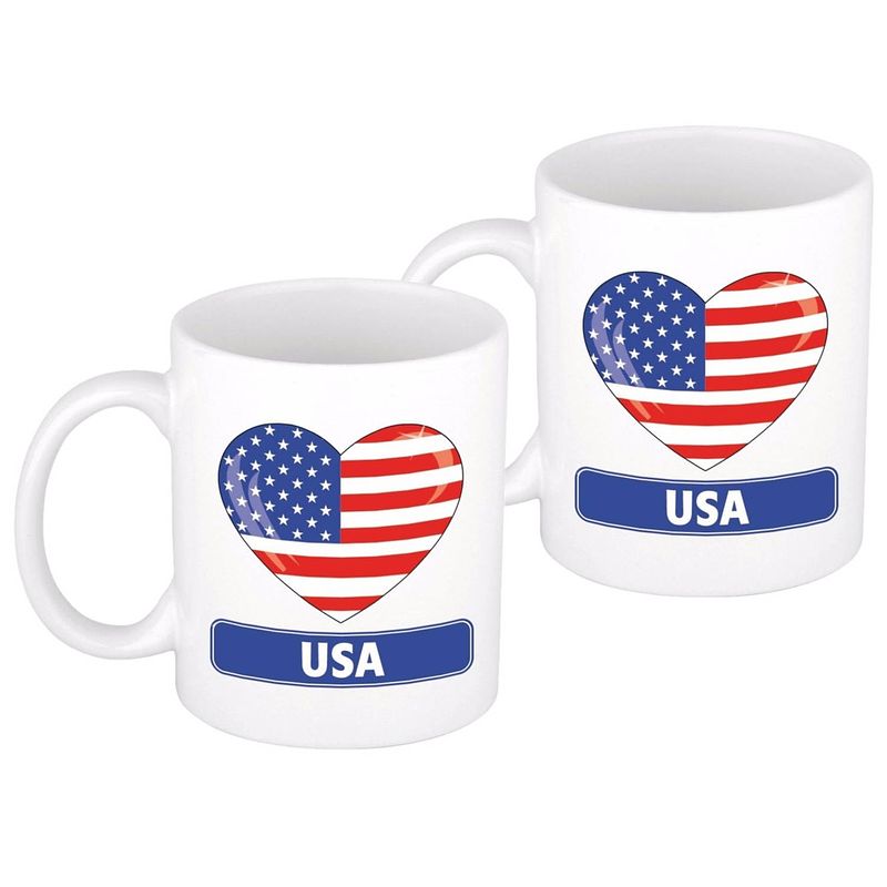 Foto van 2x stuks hartje vlag amerika mok / beker 300 ml - feest mokken