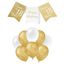 Foto van Paperdreams luxe 18 jaar feestversiering set - ballonnen & vlaggenlijnen - wit/goud - feestpakketten