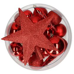 Foto van Decoris pakket 33x stuks kunststof kerstballen met ster piek rood - kerstbal