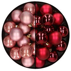 Foto van 32x stuks kunststof kerstballen mix van oudroze en donkerrood 4 cm - kerstbal