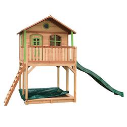 Foto van Axi andy speelhuis op palen, zandbak & groene glijbaan speelhuisje voor de tuin / buiten in bruin & groen van fsc hout