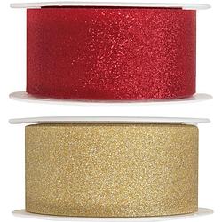 Foto van 2x hobby/decoratie rood en gouden sierlinten met glitters 3 cm/30 mm x 5 meter - cadeaulinten