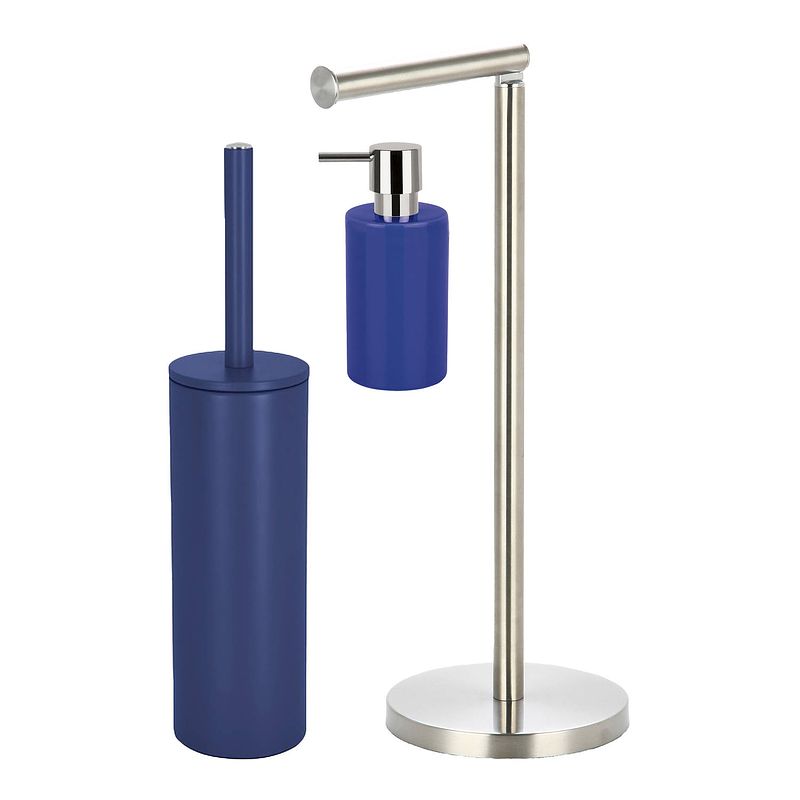 Foto van Spirella badkamer accessoires set - wc-borstel/zeeppompje/rollenhouder - donkerblauw - badkameraccessoireset