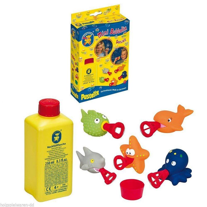 Foto van Dam pustefix bellenblaas: mini bubbelix zeedieren, bevat 250ml pustefix vloeistof en 5 spuitdiertjes, 4+