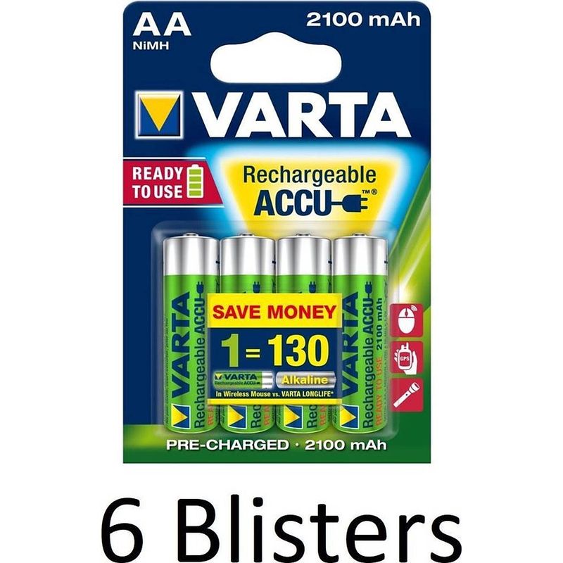 Foto van 24 stuks (6 blisters a 4 st) varta oplaadbare batterijen aa 2100 mah