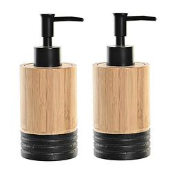 Foto van 2x stuks zeeppompje/dispenser bruin/zwart bamboe hout 7 x 17 cm - zeeppompjes