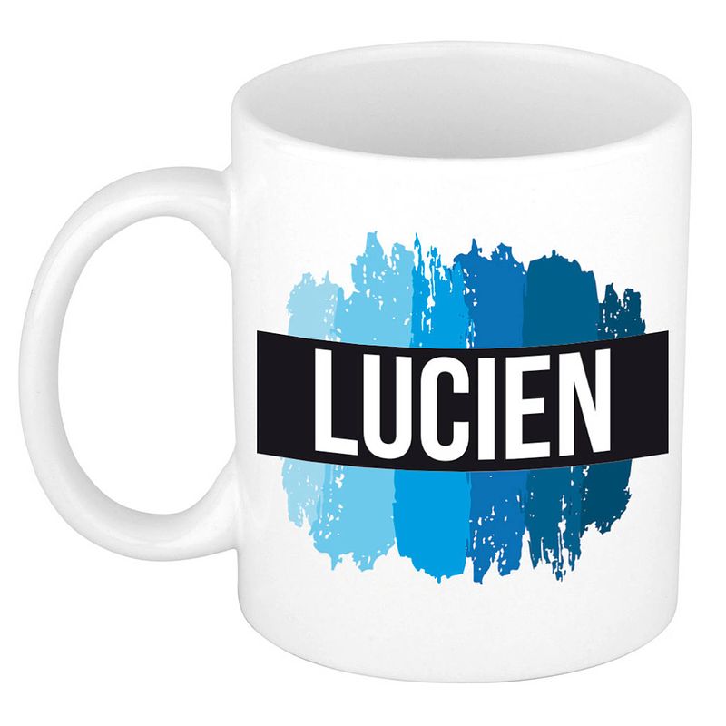 Foto van Naam cadeau mok / beker lucien met blauwe verfstrepen 300 ml - naam mokken