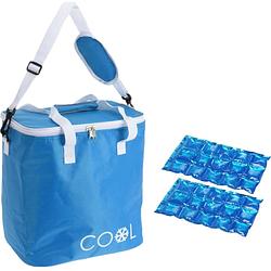 Foto van Koeltas draagtas schoudertas blauw met 2 stuks flexibele koelelementen 18 liter - koeltas