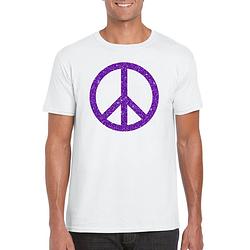 Foto van Toppers wit flower power t-shirt paarse glitter peace teken heren m - feestshirts