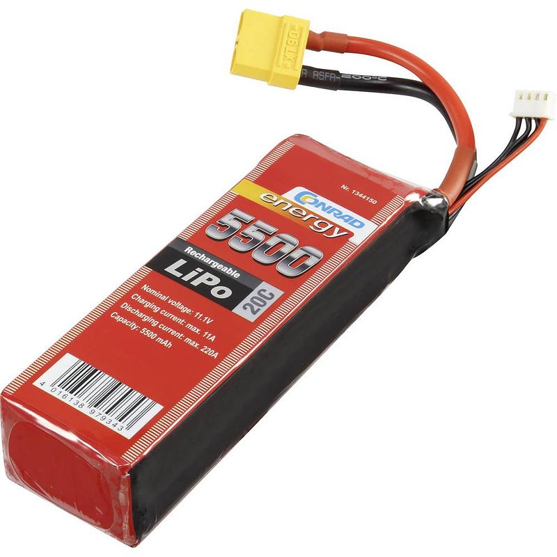 Foto van Conrad energy lipo accupack 11.1 v 5500 mah aantal cellen: 3 20 c softcase xt90