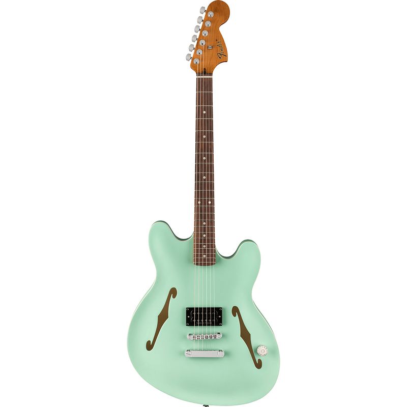 Foto van Fender tom delonge starcaster rw satin surf green semi-akoestische gitaar