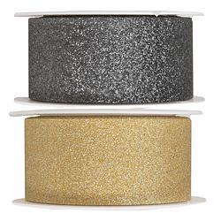 Foto van 2x hobby/decoratie grijs en gouden sierlinten met glitters 3 cm/30 mm x 5 meter - cadeaulinten