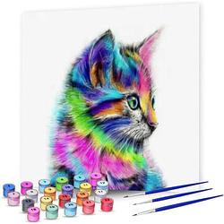Foto van Rubye® schilderen op nummer volwassenen - kleurrijke kat - met canvas schildersdoek en penselen - 40x50cm