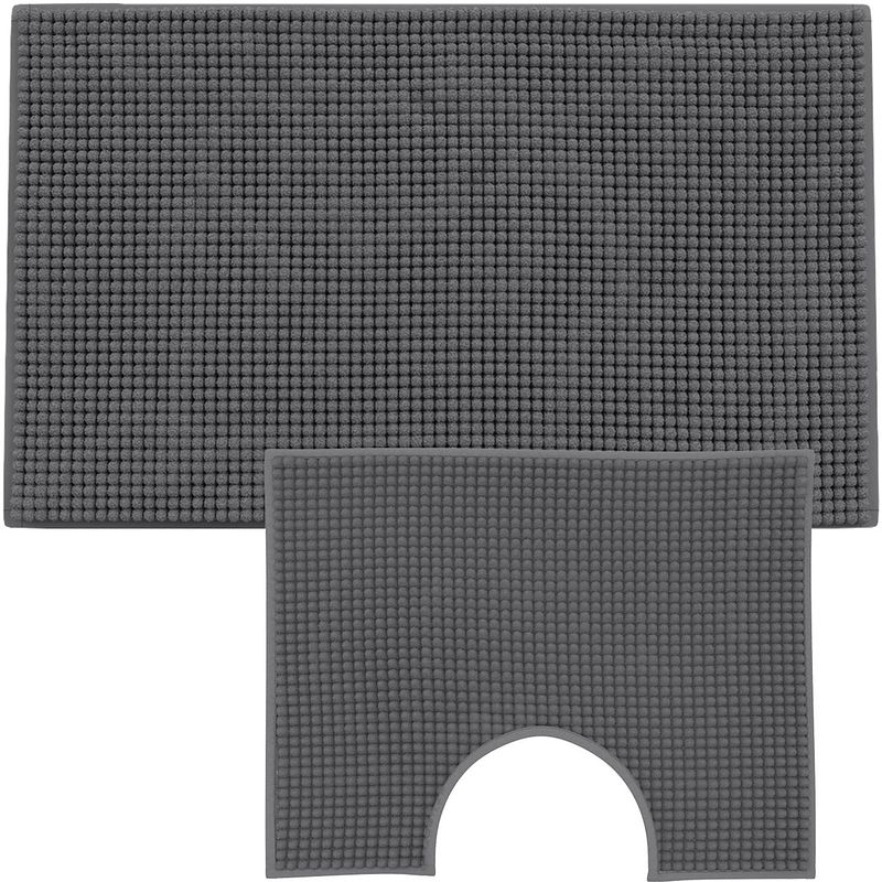 Foto van Loti living badmat set met toiletmat antislip - douchemat - chenille - antraciet - 50x80 cm + 50x40 cm