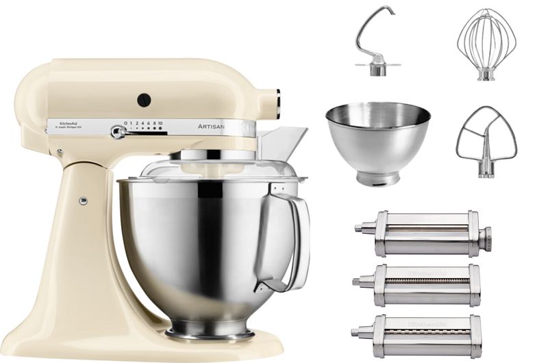 Foto van Kitchenaid 5ksm185pseac amandelwit + pastaroller en -snijderset (3-delig)