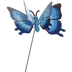 Foto van Metalen vlinder blauw 17 x 60 cm op steker - tuindecoratie vlinders - dierenbeelden