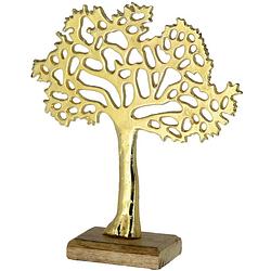 Foto van Decoratie levensboom van aluminium op houten voet 30 cm goud - beeldjes