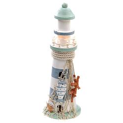 Foto van Vuurtoren beeldje met led licht - hout - 10 x 30 cm - wit/blauw - maritieme woon decoraties - beeldjes