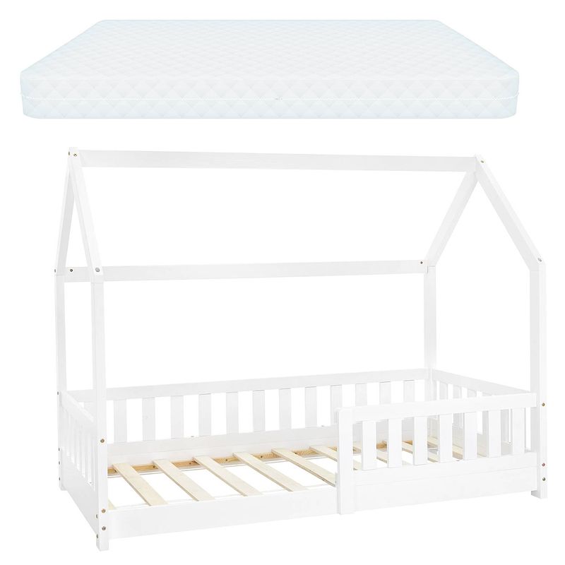 Foto van Kinderbed met uitvalbeveiliging lattenbodem en dak 80x160 cm wit grenen hout ml-design