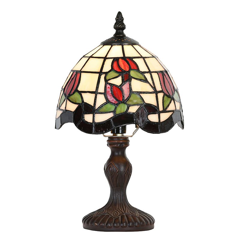 Foto van Lumilamp tiffany tafellamp ø 18x30 cm beige rood glas kunststof bloemen tiffany bureaulamp tiffany lampen glas in lood