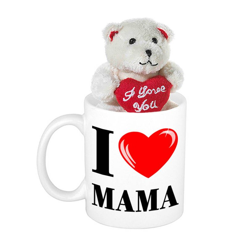 Foto van Moederdag cadeau i love mama beker / mok 300 ml met beige knuffelbeertje met love hartje - feest mokken