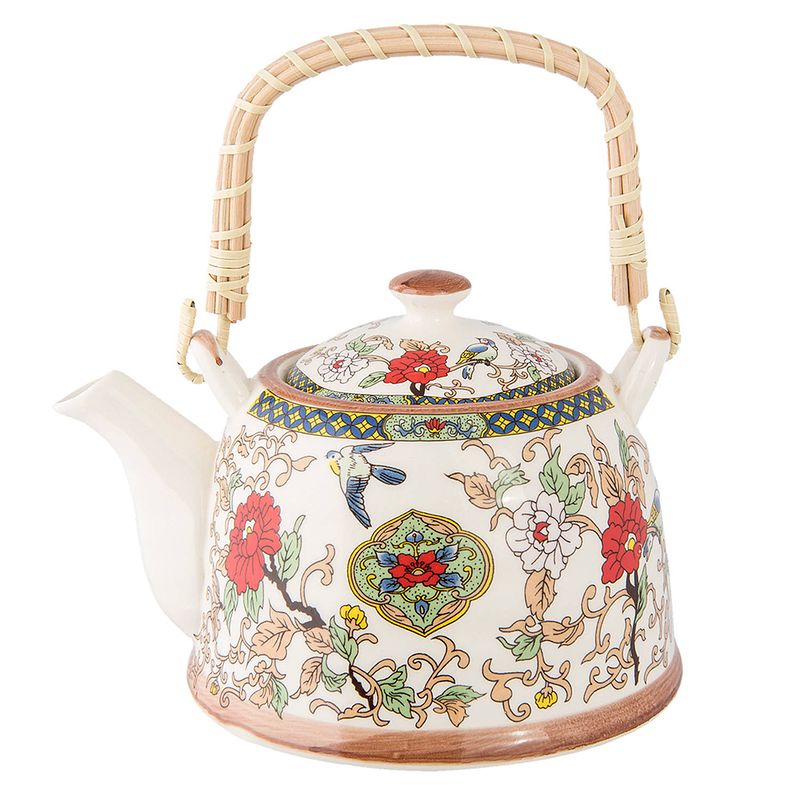 Foto van Haes deco - chinese theepot - porselein - bloemen en vogels - theepot 700 ml - traditioneel theeservies, theekan