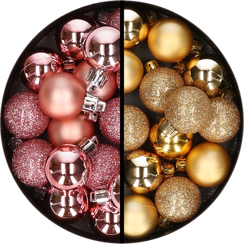 Foto van 34x stuks kunststof kerstballen roze en goud 3 cm - kerstbal