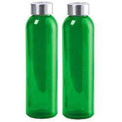 Foto van Glazen waterfles/drinkfles/sportfles - 2x - groen transparant - met rvs dop - 500 ml - drinkflessen