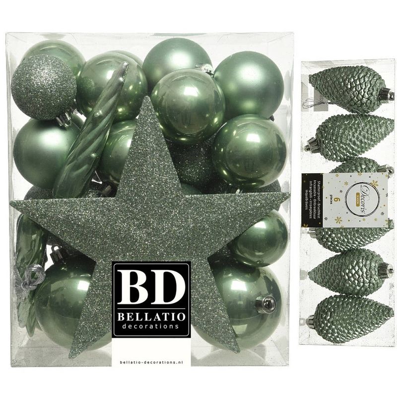 Foto van Kerstversiering kunststof kerstballen met piek salie groen 5-6-8 cm pakket van 39x stuks - kerstbal