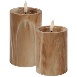 Foto van Led kaarsen/stompkaarsen - set 2x - bruin marmer look - h10 en h12,5 cm - timer - warm wit - led kaarsen
