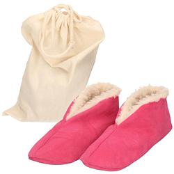 Foto van Roze spaanse sloffen/pantoffels van echt leer/suede maat 41 met opbergzak - sloffen - volwassenen