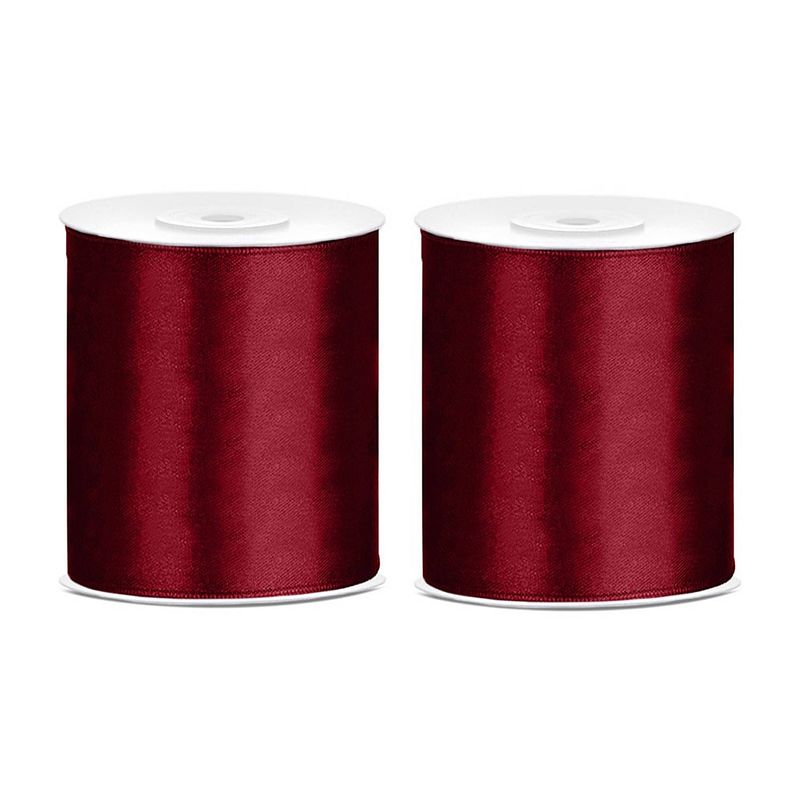 Foto van 2x satijnlint bordeaux rood rol 10 cm x 25 meter cadeaulint verpakkingsmateriaal - cadeaulinten