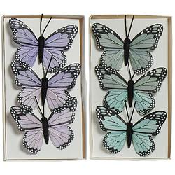 Foto van 6x stuks decoratie vlinders op draad - blauw - paars - 6 cm - hobbydecoratieobject