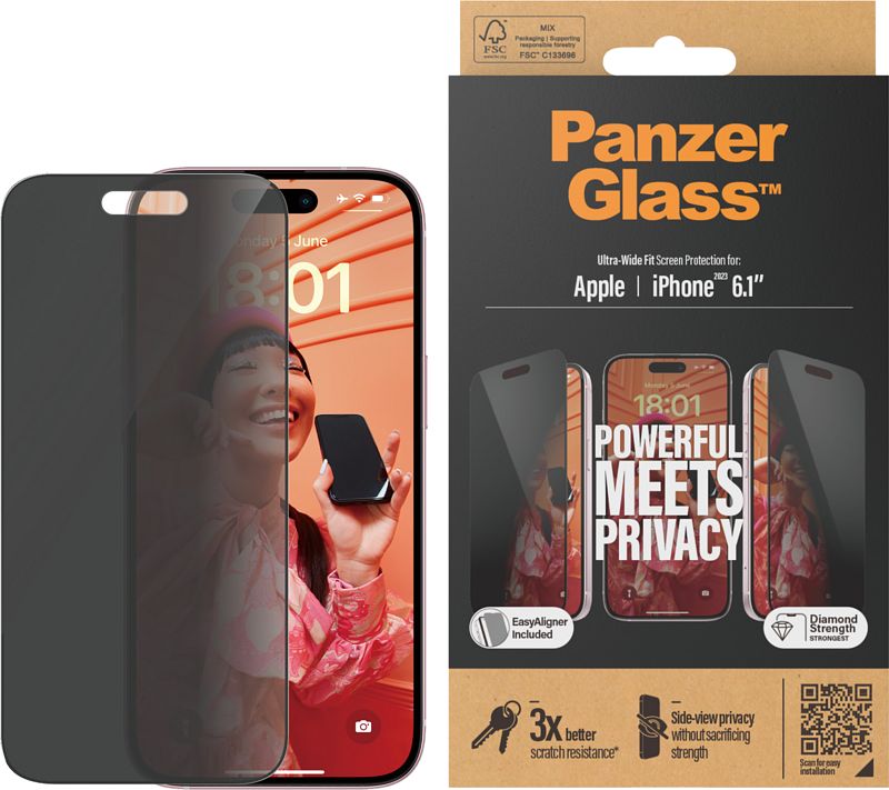 Foto van Panzerglass ultra-wide fit apple iphone 15 privacy screenprotector glas