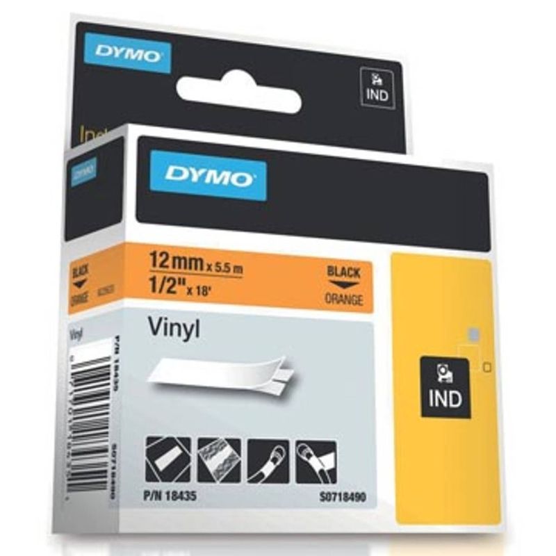 Foto van Dymo rhino vinyltape 12 mm, zwart op oranje