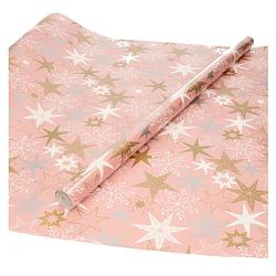 Foto van Kerst inpak/cadeaupapier - 2x stuks - 200 x 70 cm - roze met sterren - cadeaupapier