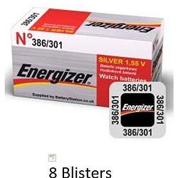 Foto van 8 stuks (8 blisters a 1 stuk) energizer zilver oxide knoopcel batterij 301/386