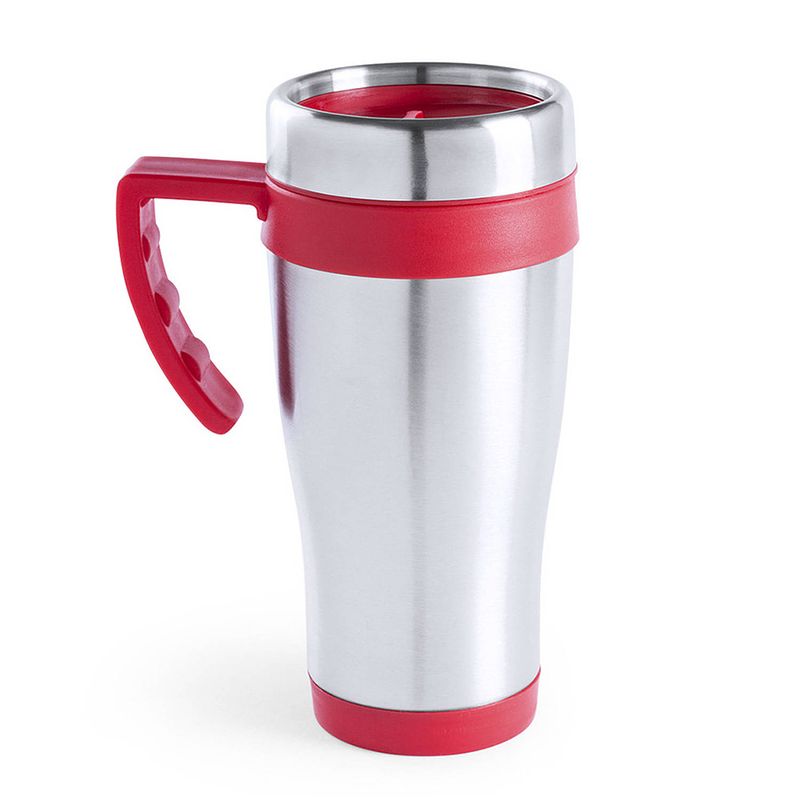 Foto van Warmhoudbeker/thermos isoleer koffiebeker/mok - rvs - zilver/rood - 450 ml - thermosbeker