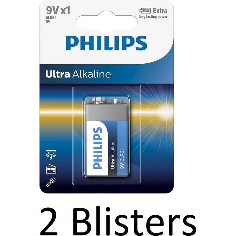 Foto van 2 stuks (2 blisters a 1 st) philips 6lr61 9v batterij