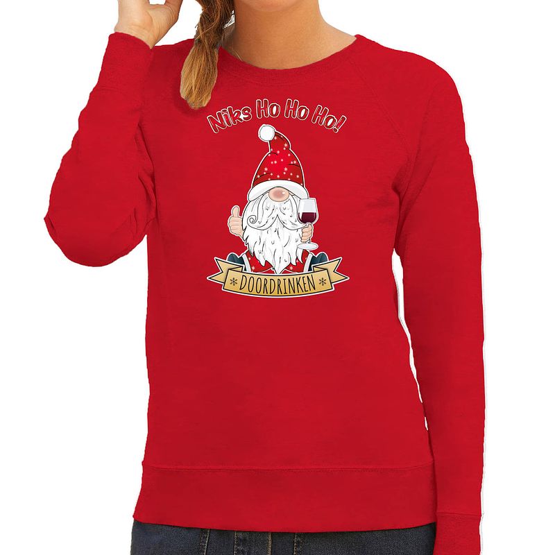 Foto van Bellatio decorations foute kersttrui/sweater dames - wijn kabouter/gnoom - rood - doordrinken l - kerst truien