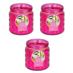 Foto van 3x stuks citronella kaarsen tegen insecten in glazen pot 12 cm fuchsia roze - geurkaarsen