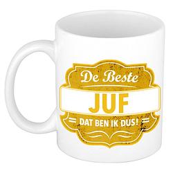 Foto van De beste juf cadeau koffiemok / theebeker geel embleem 300 ml - feest mokken