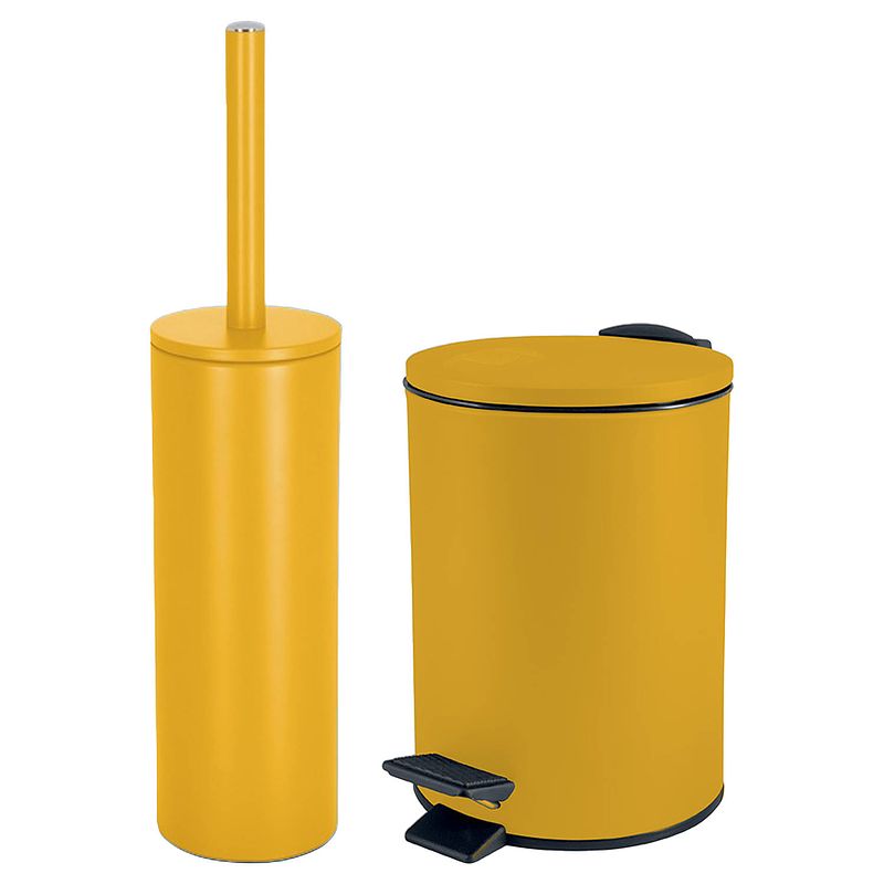 Foto van Spirella badkamer/toilet accessoires set - toiletborstel en pedaalemmer - 3l - metaal - saffraan geel - badkameraccessoi