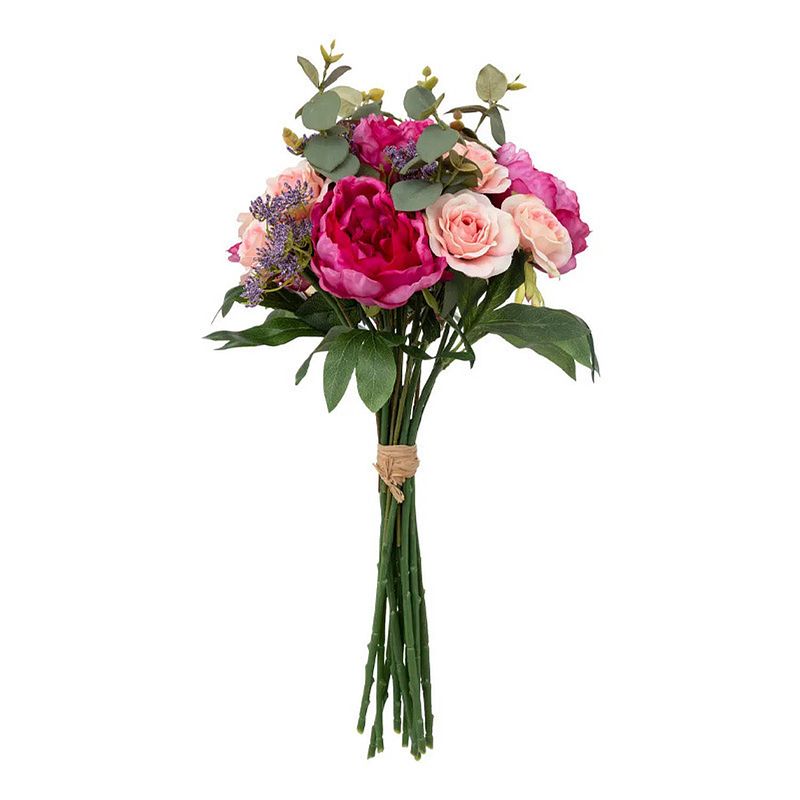 Foto van Atmosphera kunstbloemen boeket rozen - 53 cm - bloemstuk - groen en roze tinten - kunstbloemen